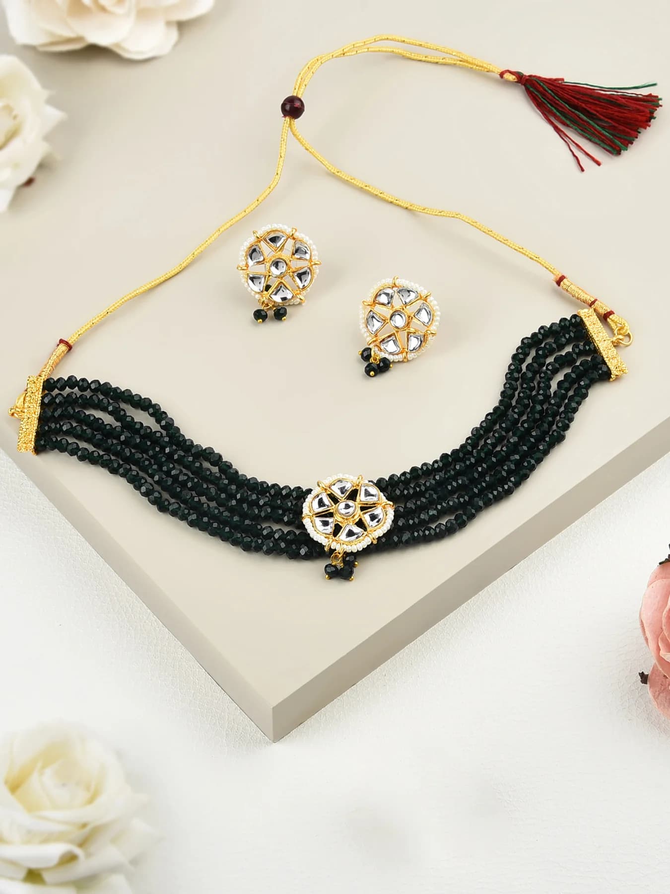 Women's Crystal Shine Green Beads Multistrand Kundan Choker Necklace & Earring Set