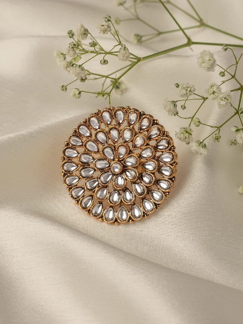 Women's Gold Tone Wedding Collection Kundan Flower Adjustable Finger Ring