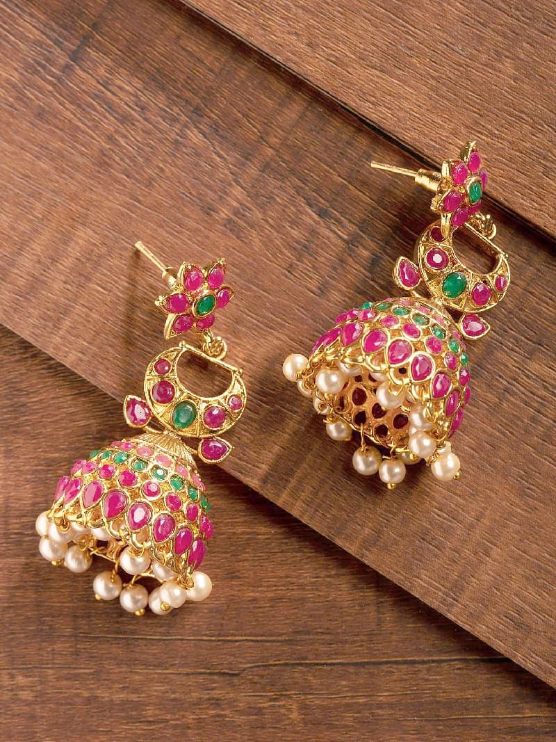 Women's Gold Tone Green Stones South Indian Style Jhumki Earring