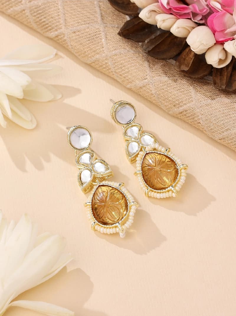 Women's Yellow Stone Embellished Ethnic Kundan Drop Earring