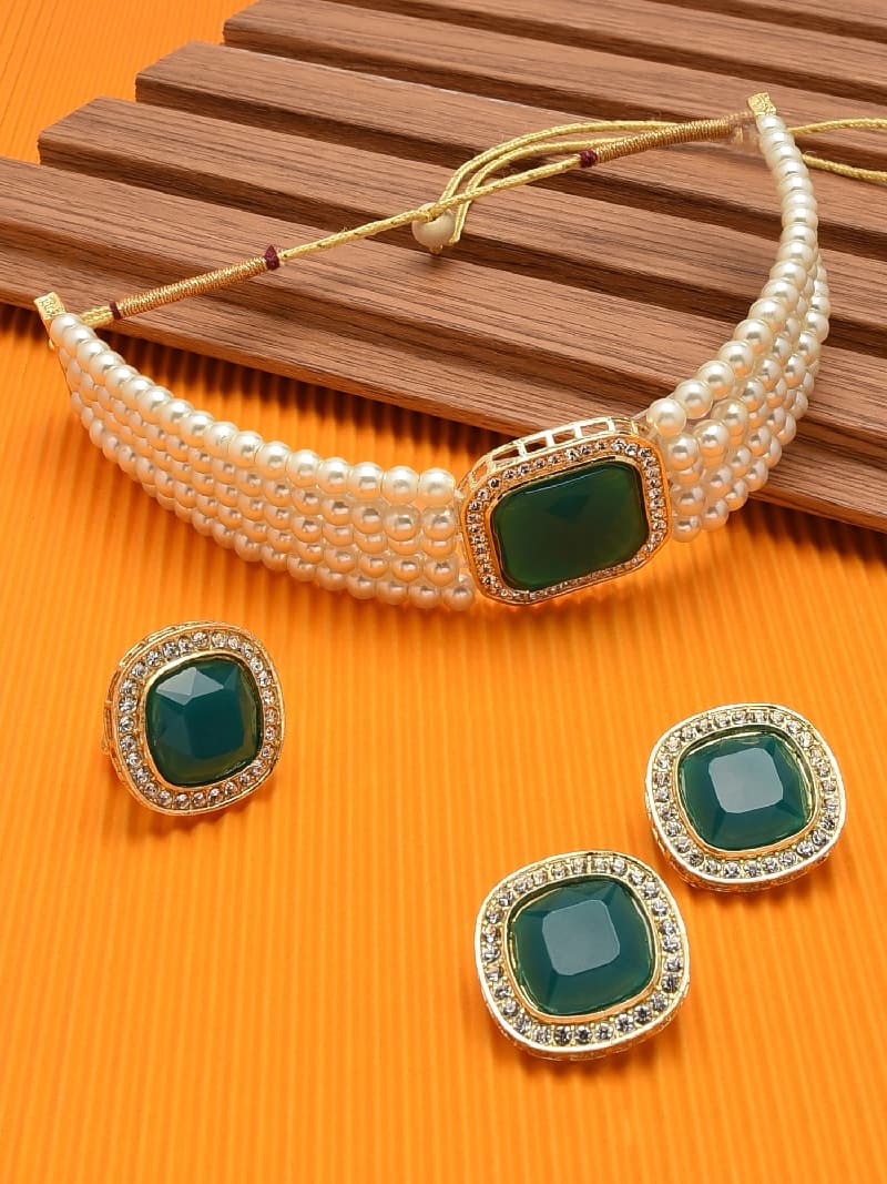 Women's Green Stone Studded Multistrand Choker Necklace Earring & Ring Set