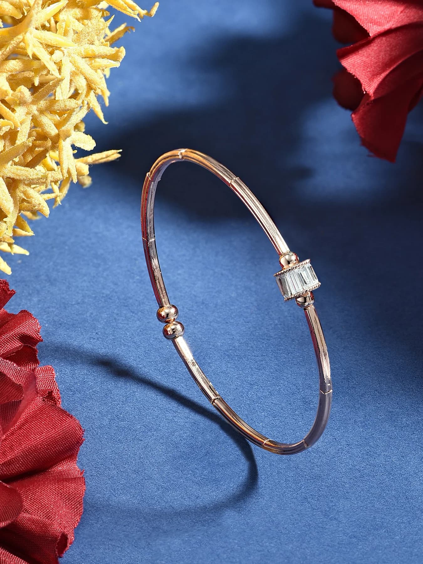 Women's Rose Gold Dazzling Baguette Diamonds Brass Bangle Style Kada Bracelet