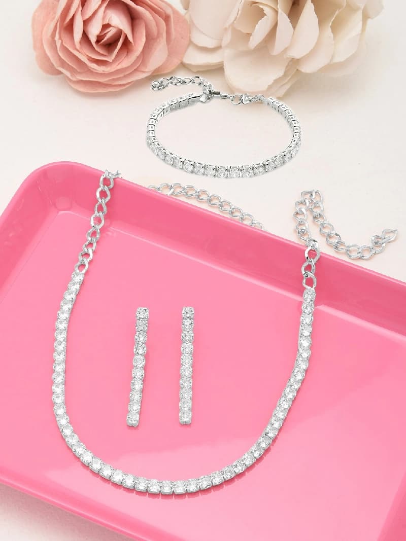 Women's Silver Tone Dazzling Cubic Zirconia Necklace Earring & Bracelet Set