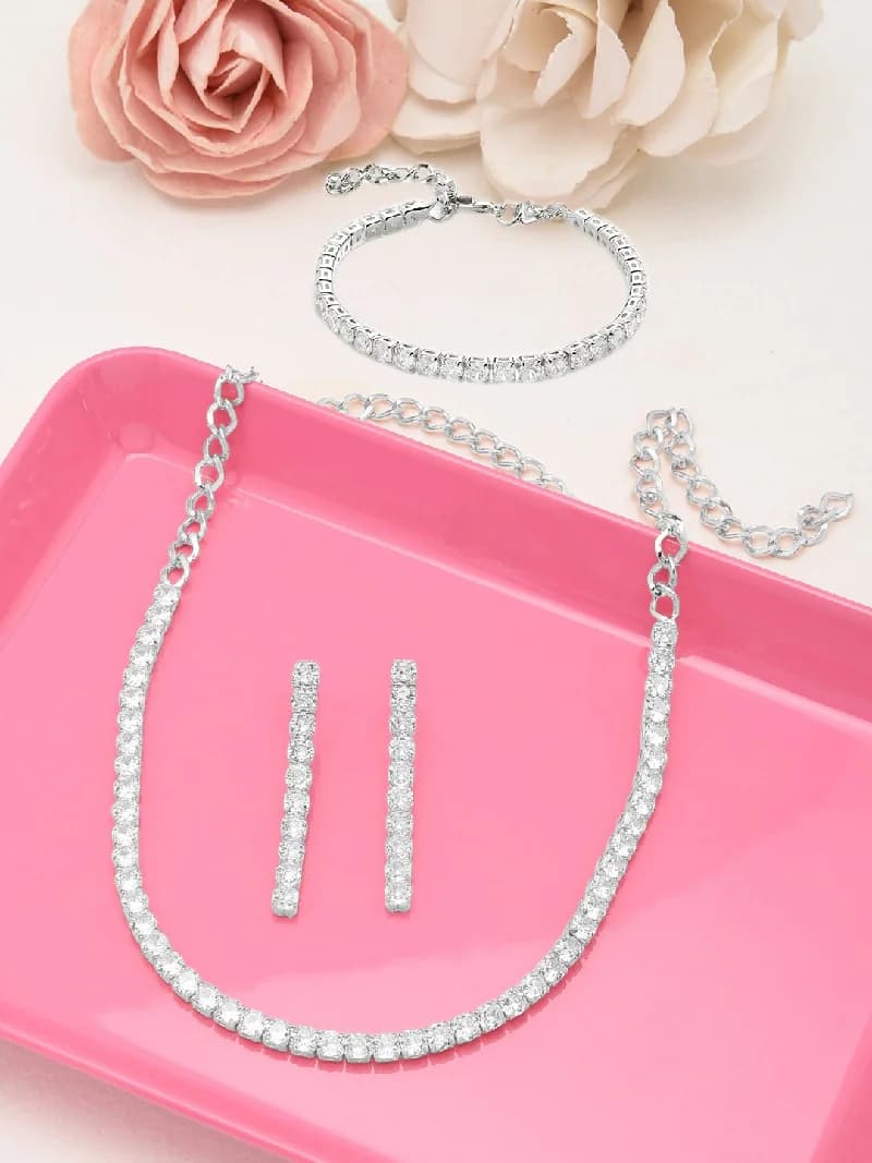 Women's Silver Tone Dazzling Cubic Zirconia Necklace Earring & Bracelet Set