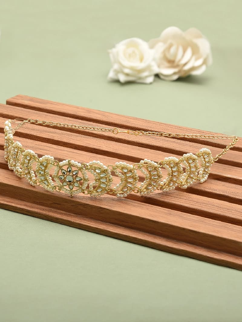 Women's Gold Tone Kundan & Pearls Studded Crescent Ethnic Head Chain