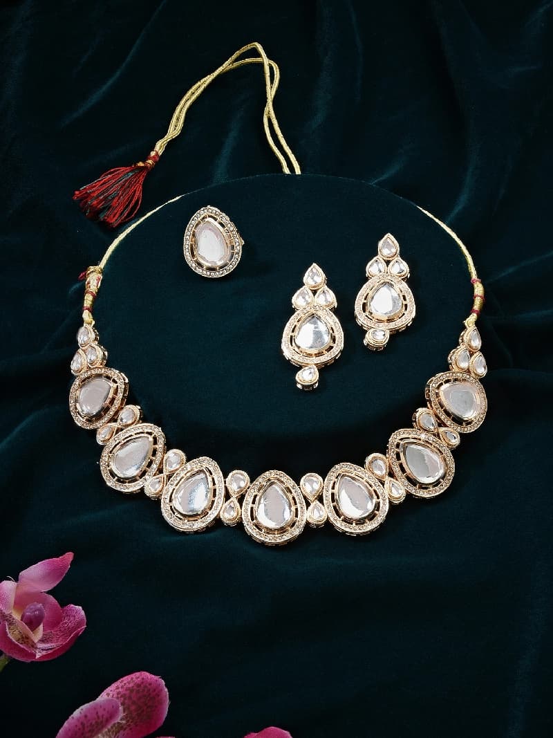 Women's Gold Tone Dazzling Kundan & Austrian Diamonds Teardrop Necklace Earring & Ring Set