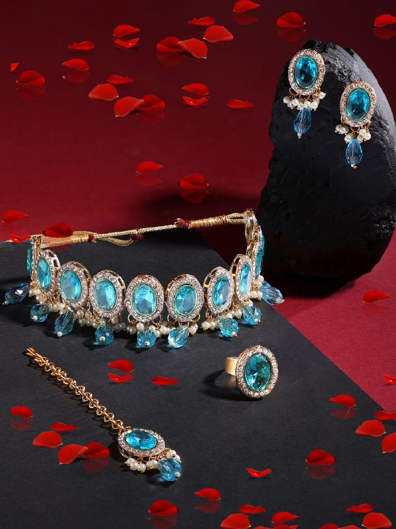 Women's Turquoise Stones Beads Kundan Necklace Earring Maangtikka & Ring Set