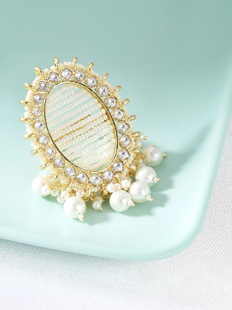 Women's Gold Tone Multi Pearl Strands Ethnic Kundan Adjustable Finger Ring