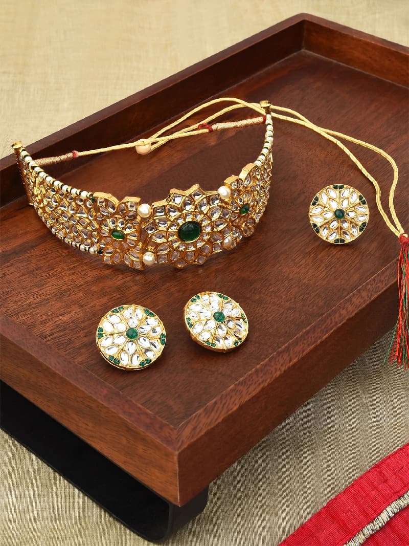 Women's Green Casual Kundan Choker Necklace Earring & Ring Set