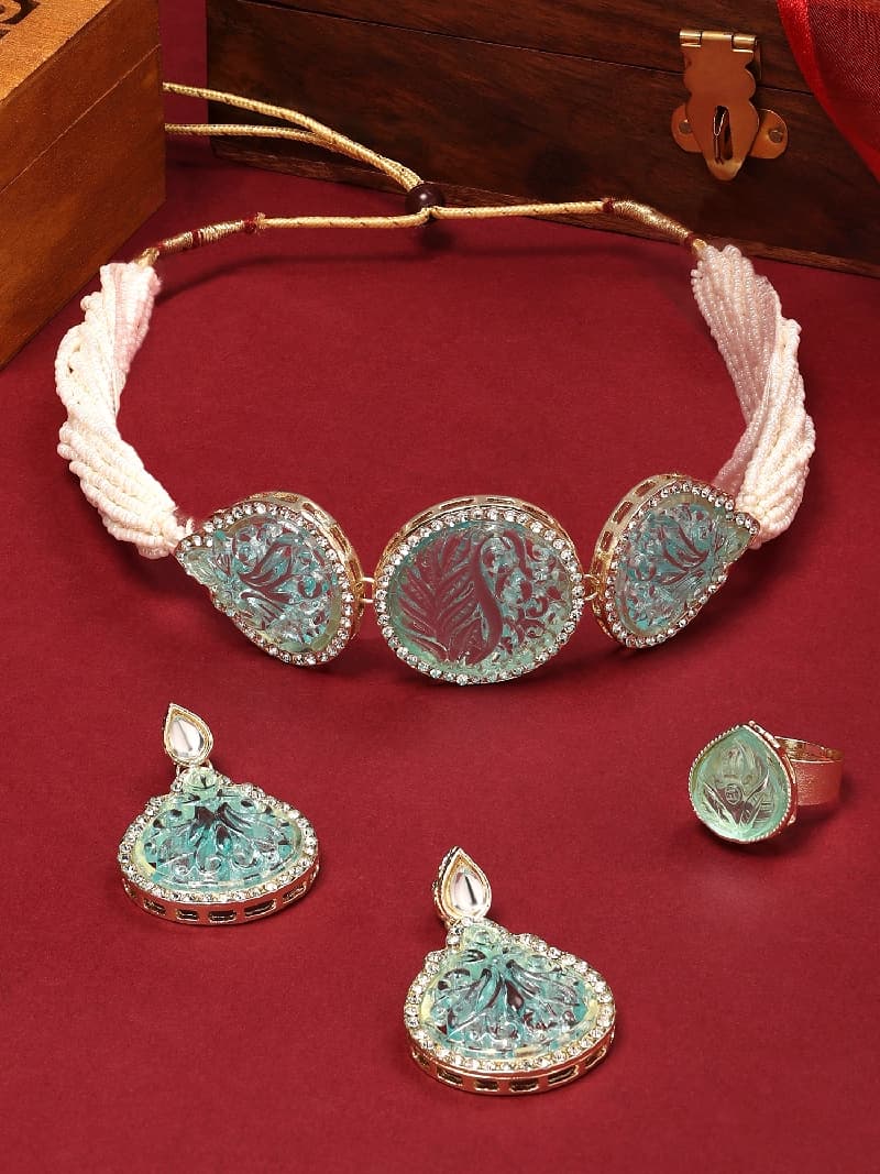 Women's Turquoise Blue Multistrand Austrian Diamonds Stones & Beads Choker Necklace Earring & Ring Set