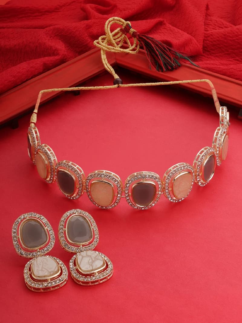 Women's Grey Stones Mother of Pearls Embellished Choker Necklace & Earring Set