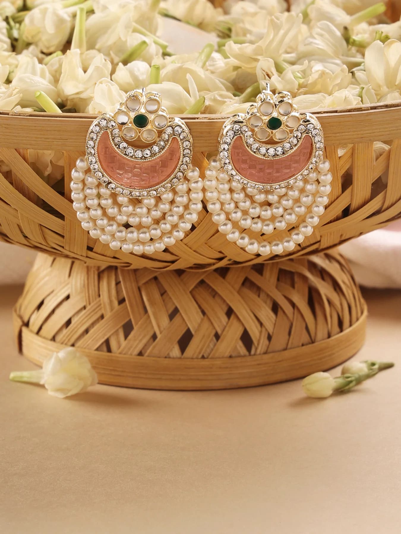 Women's Pink & Green Austrian Diamonds & Pearls Drop Earring