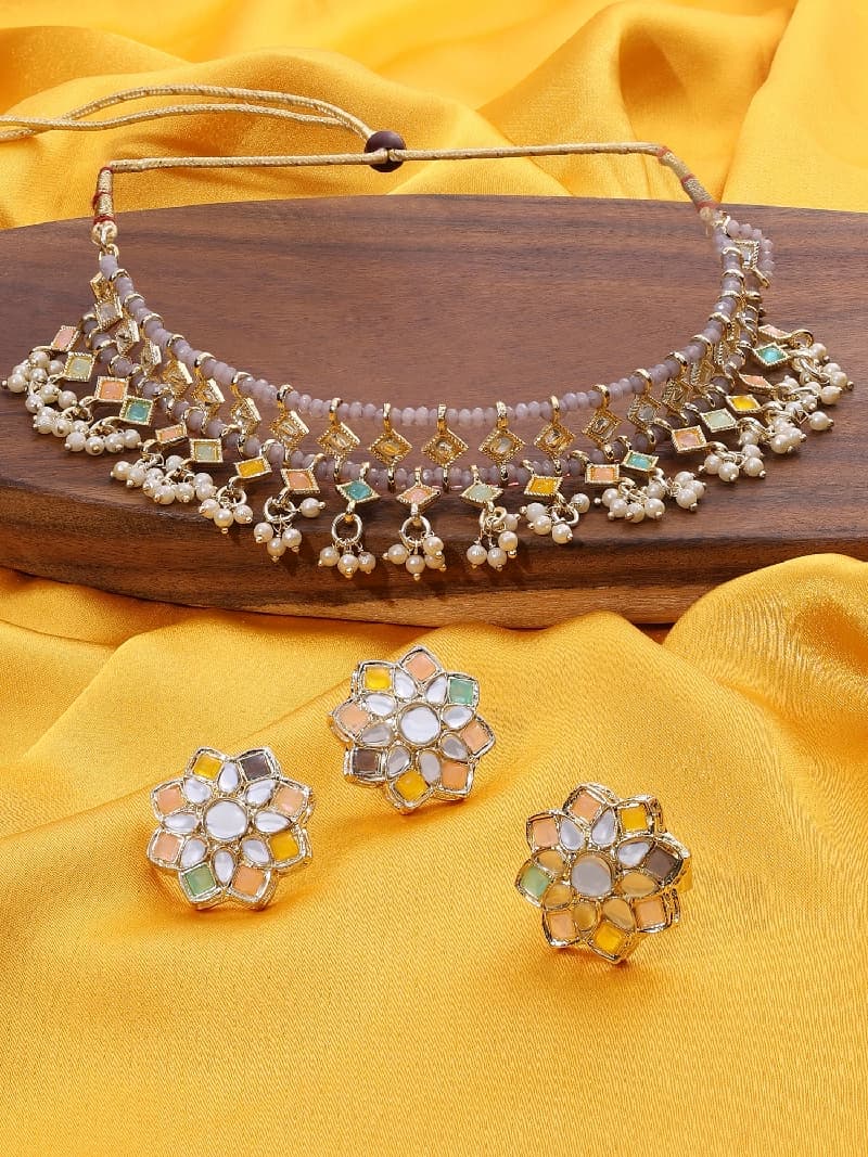 Women's Multicolor Kundan Stones & Beads Choker Necklace Earring & Ring Set