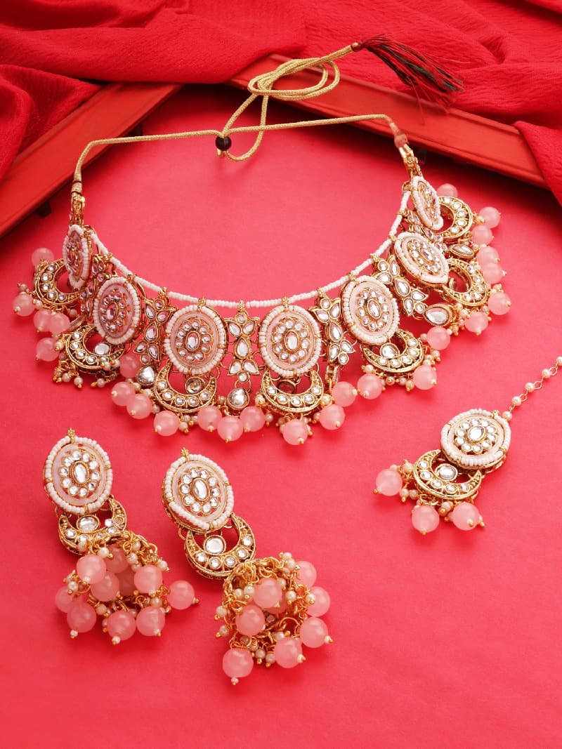 Women's Pink Meenakari Crescent Kundan Choker Necklace Earring & Maangtikka Set