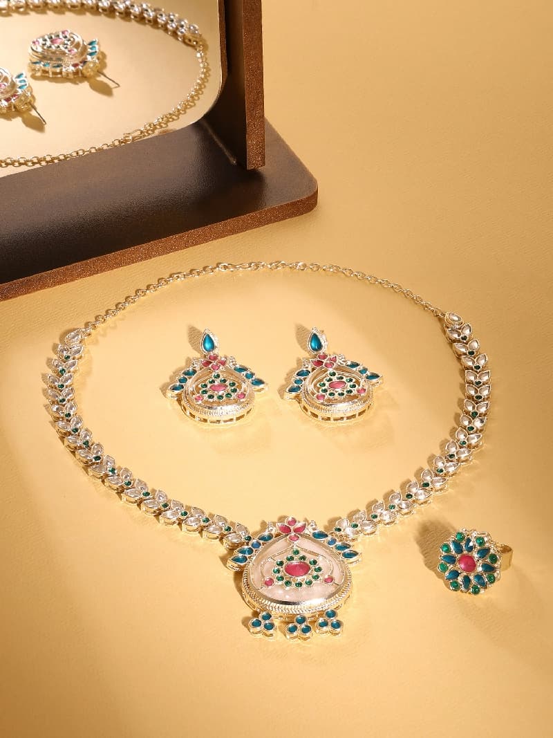 Women's Multicolor Stones Embellished Casual Necklace Earring & Ring Set