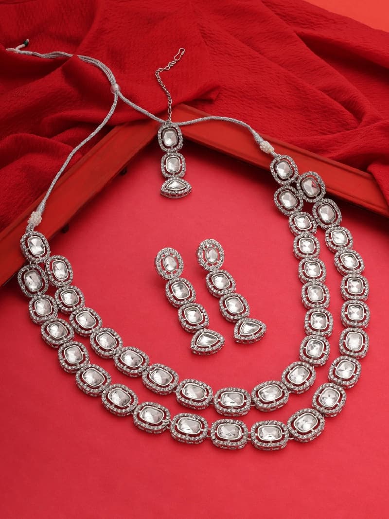 Women's Silver Tone Dazzling Stones Embellished Layered Necklace Earring & Maangtikka Set