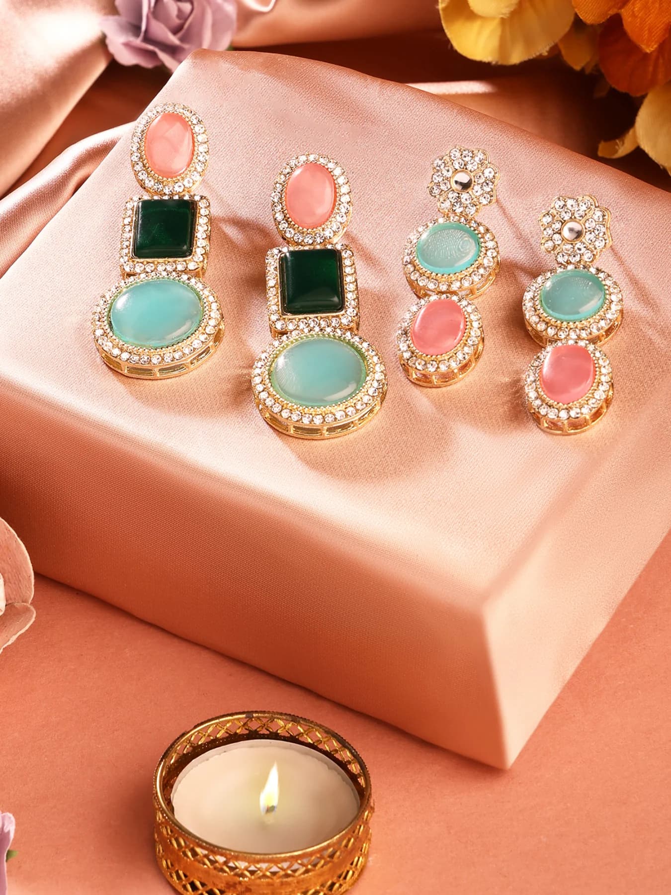 Women's Set of 2 Multicolor Stones & Dazzling Austrian Diamonds Embellished Drop Earrings