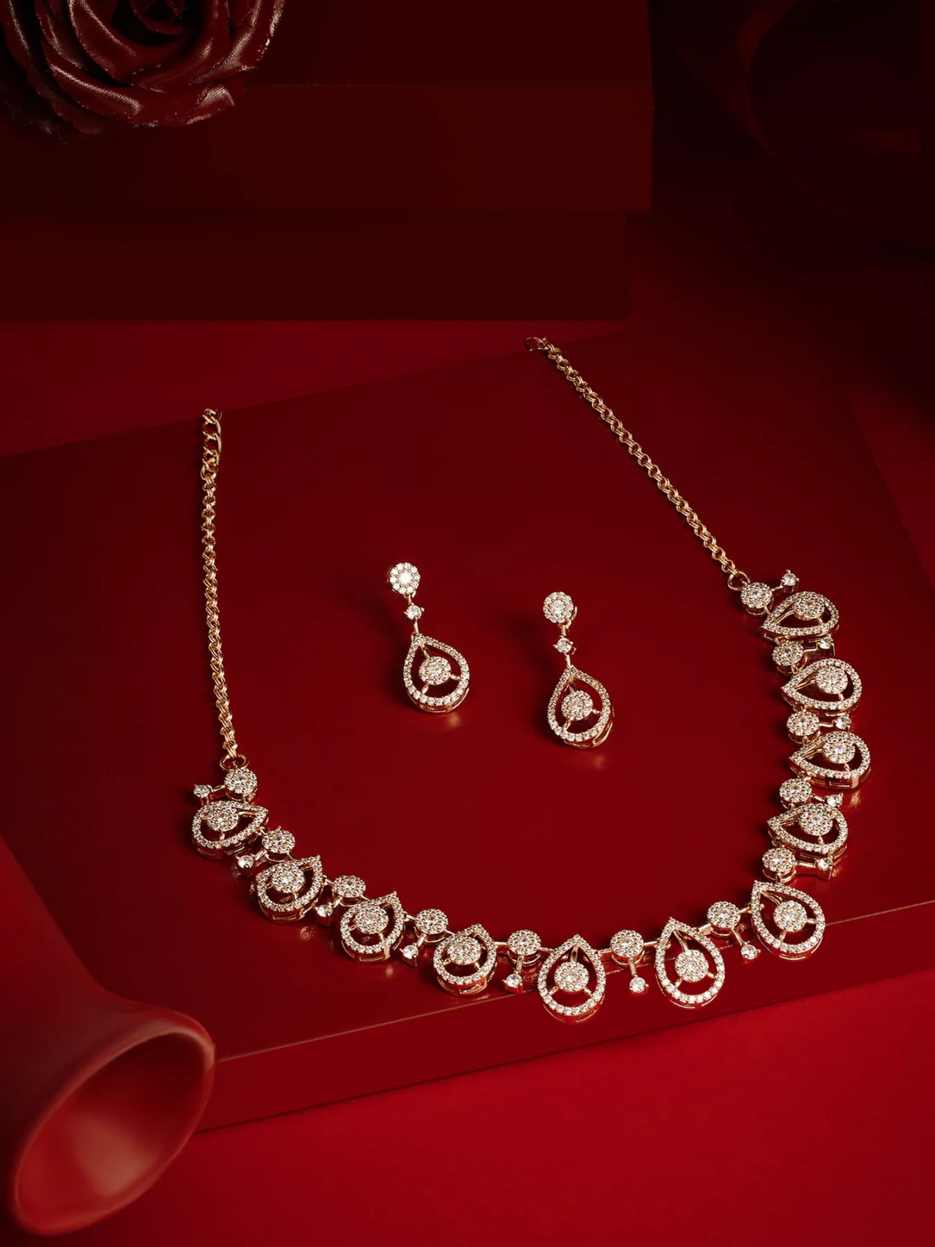 Women's Rose Gold Tone Dazzling Cubic Zirconia Contemporary Necklace & Earring Set