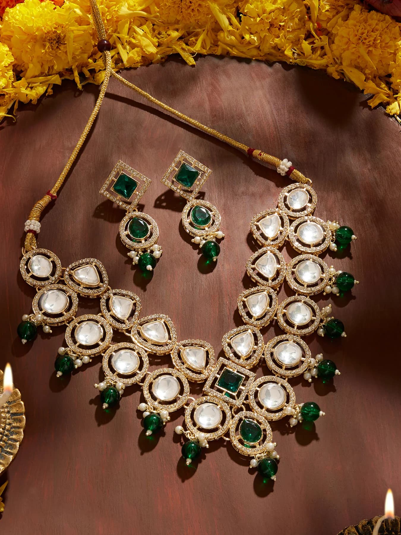 Women's Green Stones Beads Dazzling Austrian Diamonds Choker Necklace & Earring Set