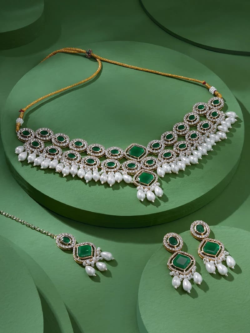 Women's Green Stones & Bead Drops Choker Necklace Earring & Maangtikka Set