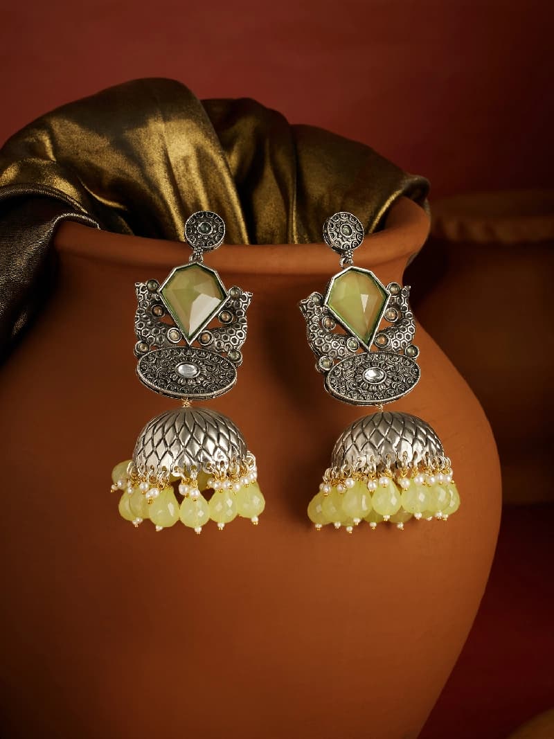 Women's Fluorescent Green Stones Beads Two Tone Antique Fish Statement Jhumka Earring