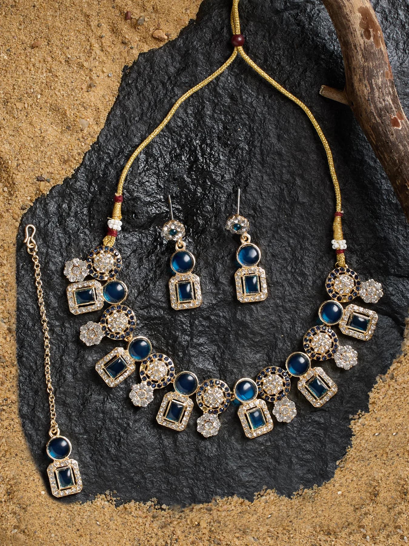 Women's Blue Stones Dazzling Austrian Diamonds Choker Necklace Earring & Maangtikka Set