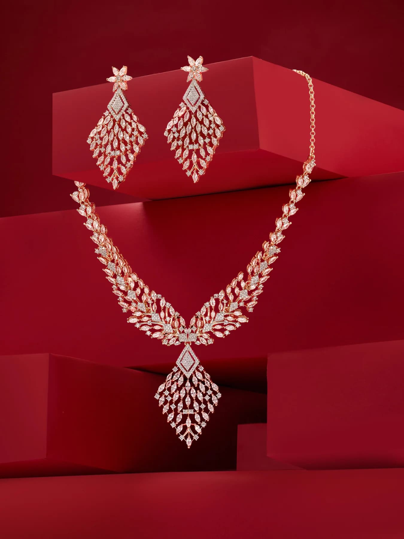 Women's Rose Gold Tone Sparkling Cubic Zirconia Contemporary Necklace & Earring Set