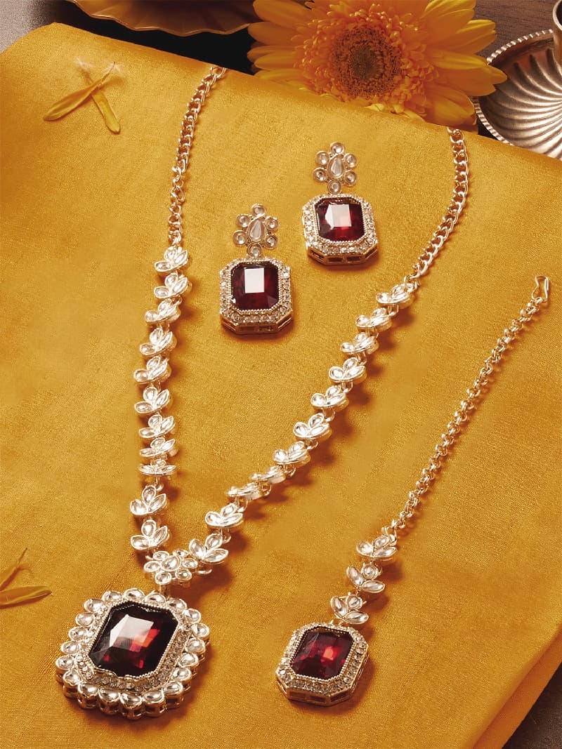 Women's Red Dazzling Stones Austrian Diamonds Necklace Earring & Maangtikka Set
