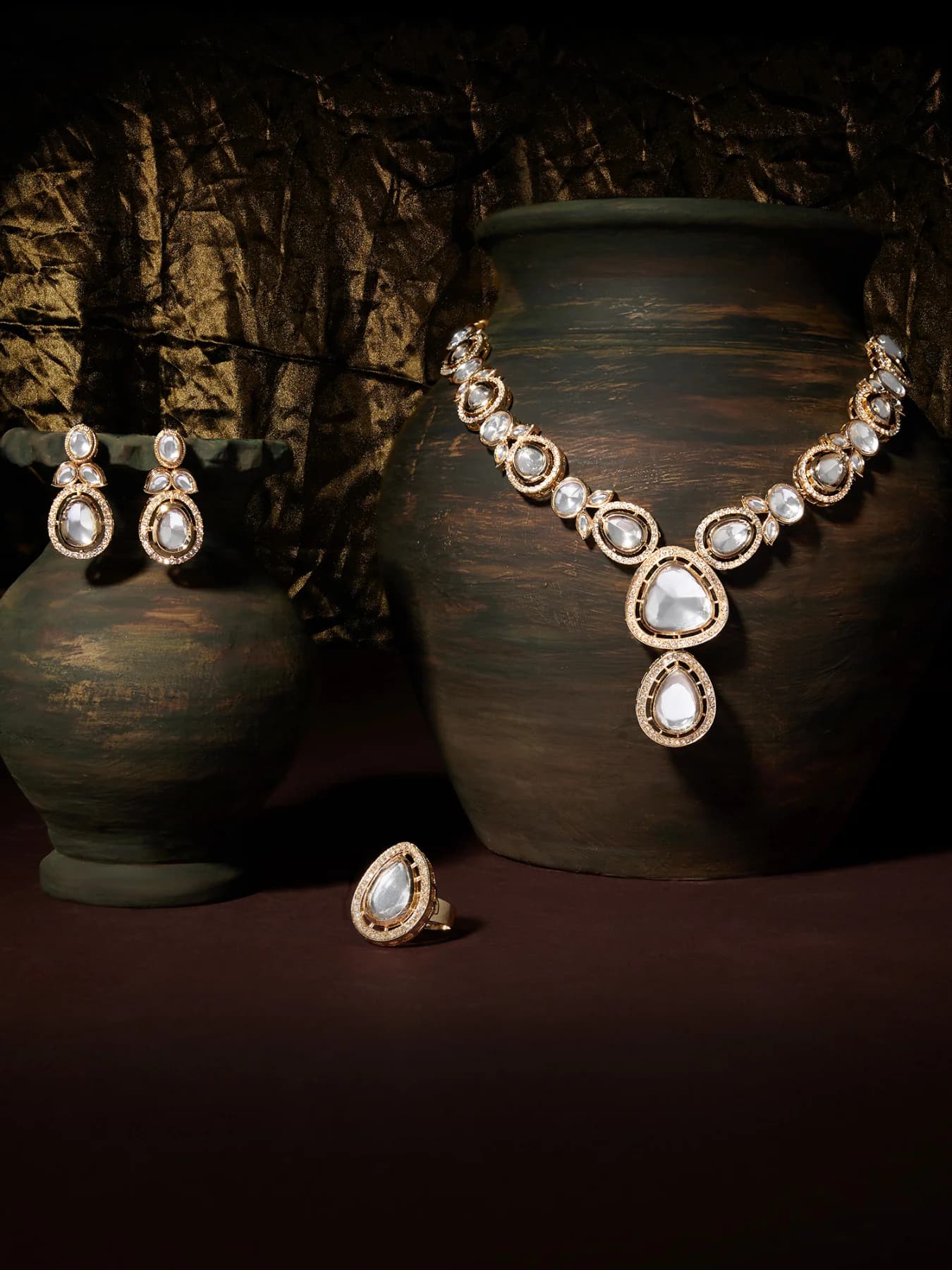 Women's Gold Tone Dazzling Stones Austrian Diamonds Ethnic Necklace Earring & Ring Set