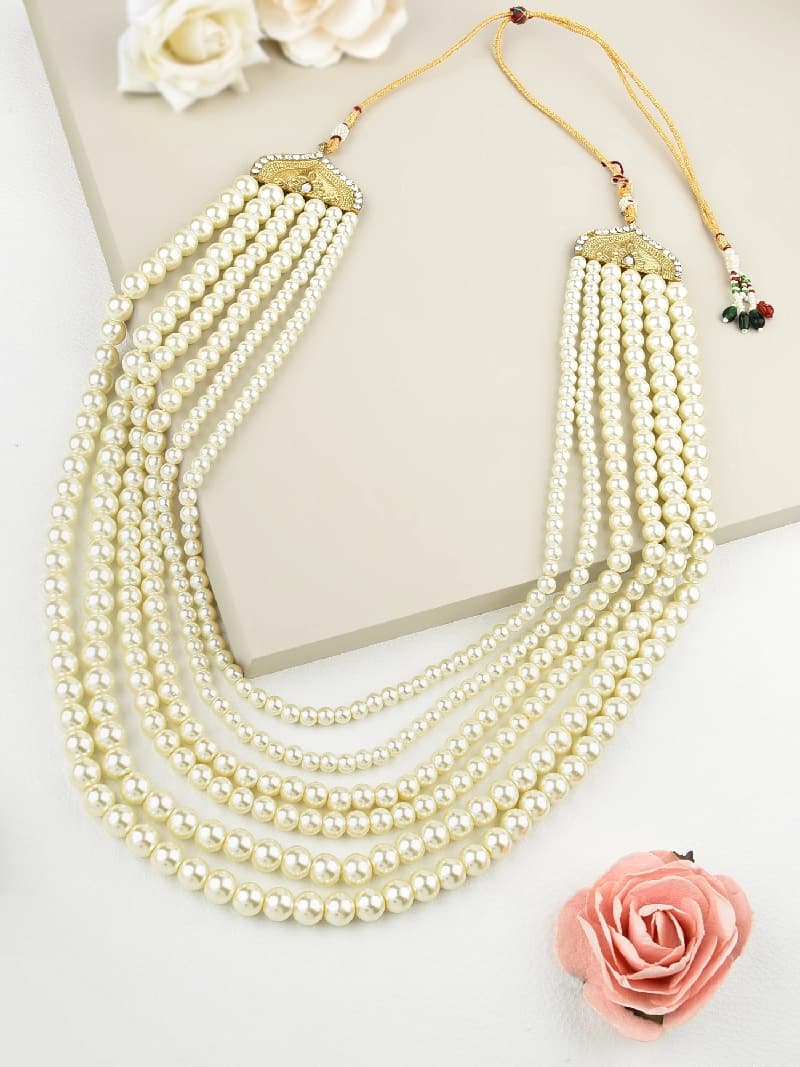 Women's Gold Tone Fusion Wear Multilayered Pearls Statement Necklace