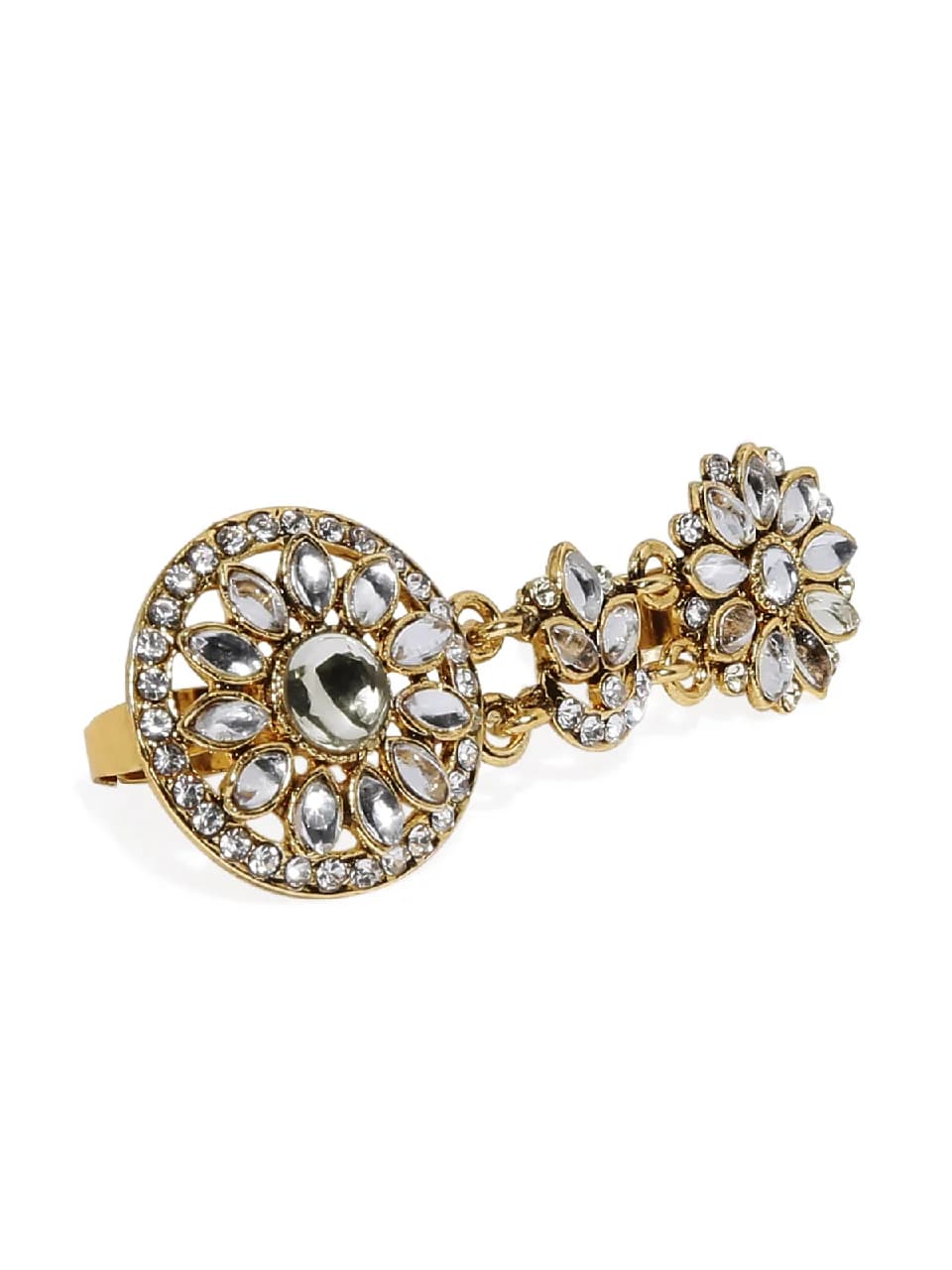 Women's Gold Tone Casual Kundan Embellished Dual Finger Ring