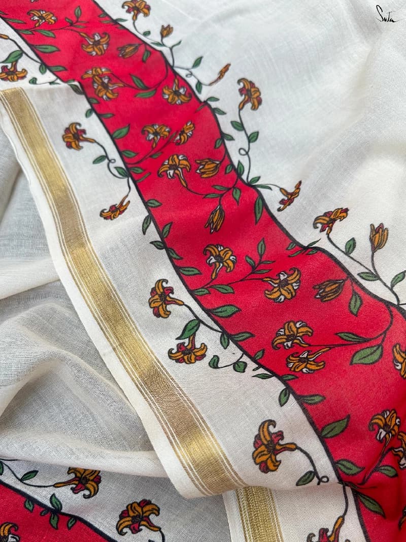 Women's Off White Festive Cotton Viscose Saree Without Blouse Piece