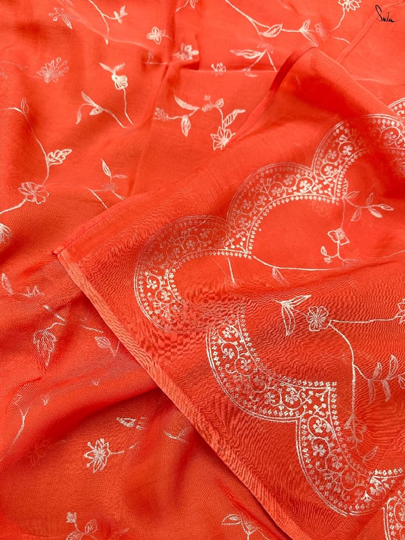 Women's Orange Festive Organza Saree Without Blouse Piece