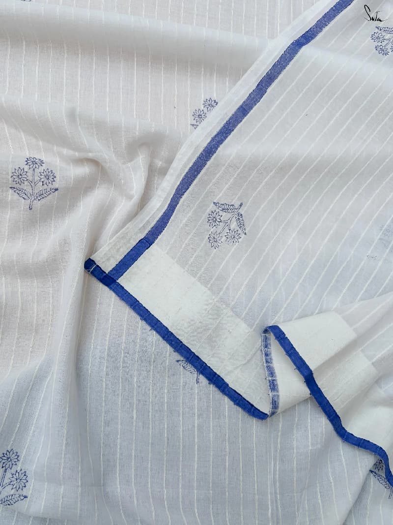 Women's White Festive Cotton Saree With Blouse Piece
