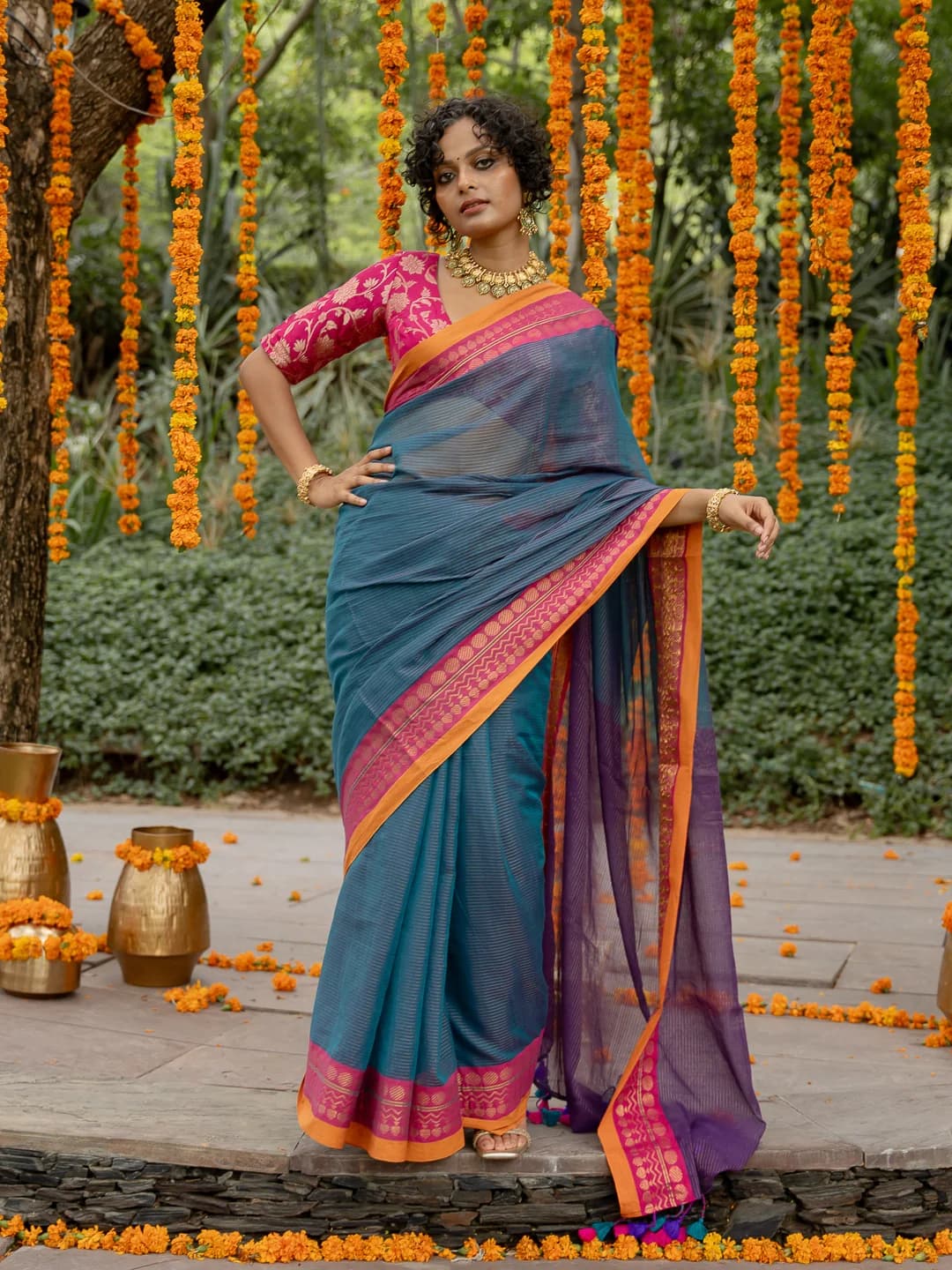 Women's Multicolor Festive Cotton Acrylic Saree Without Blouse Piece