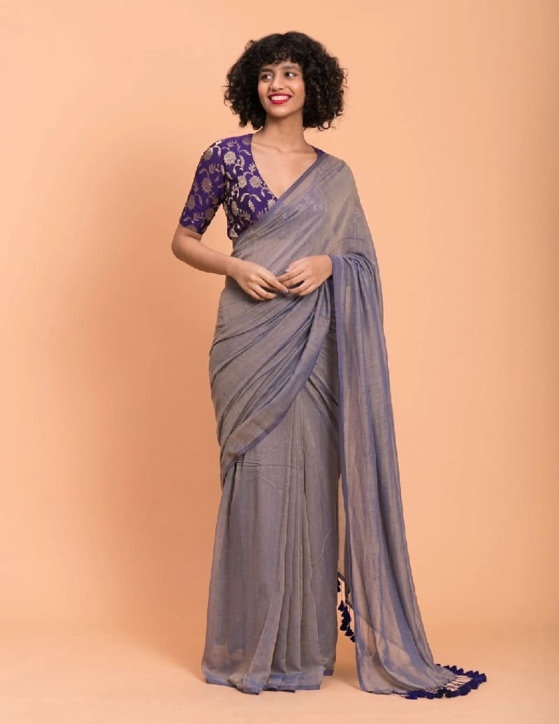 Women's Blue Festive Mul Cotton Saree Without Blouse Piece