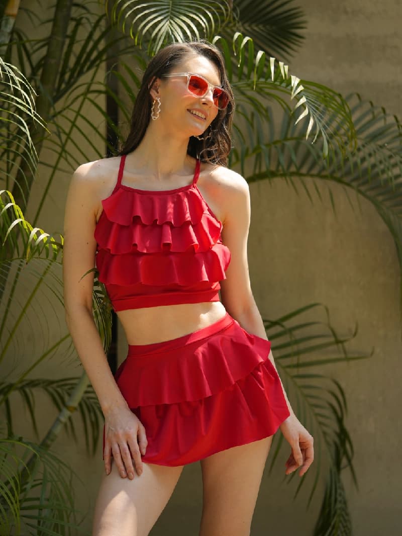Women's Solid Essential Wear Red Padded Ruffle Detail Two-Piece Skirtini Swimwear