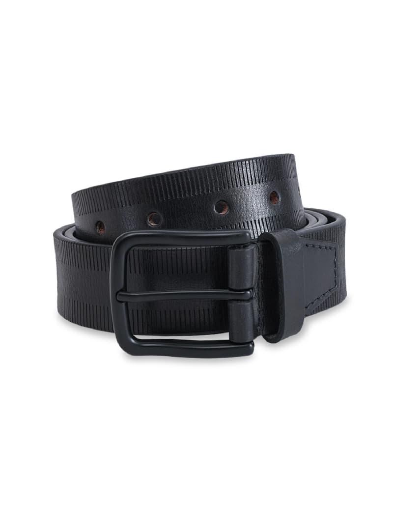 Men's Black Casual Textured Push Pin Leather Belt