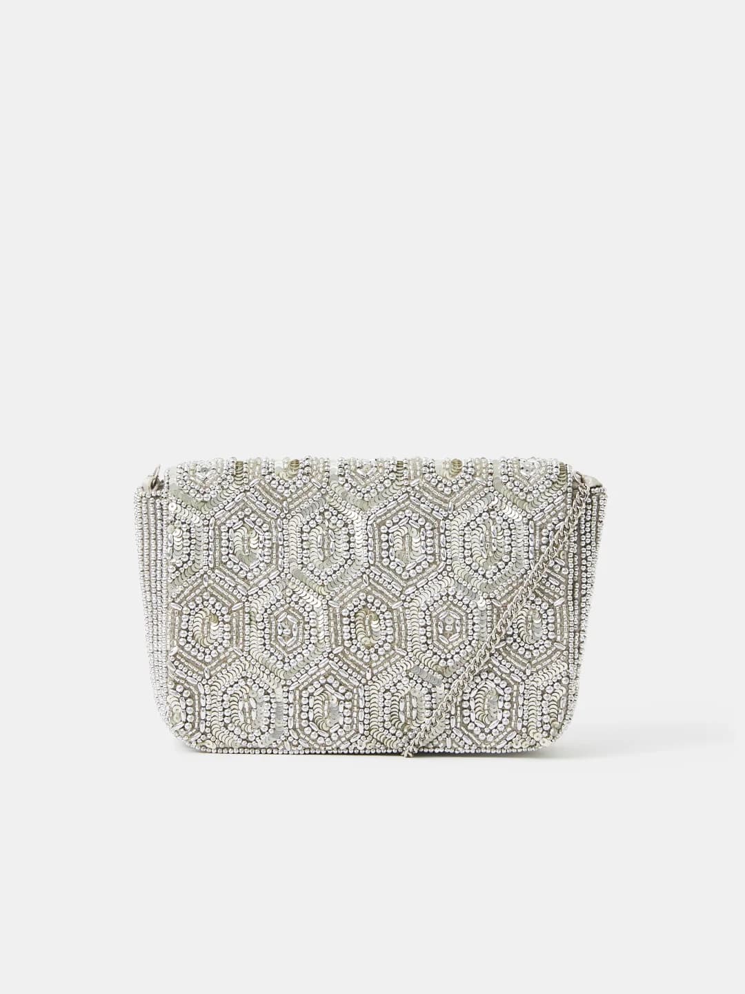 Women's Silver Party Self Design Clutch