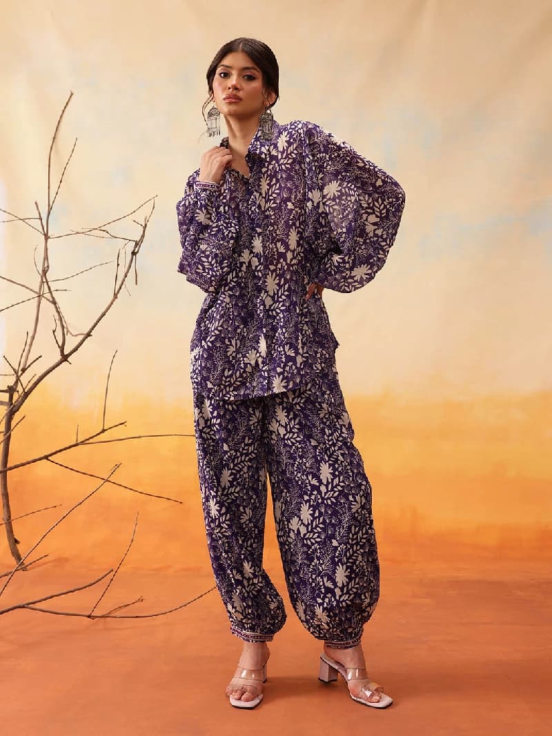 Women's Floral Printed Shirt with Trouser Co-Ords Set