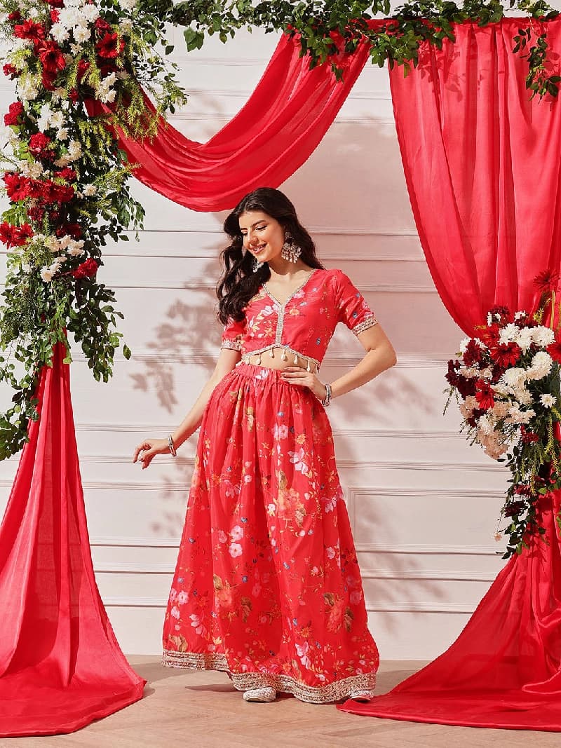 Women's Printed V-Neck Chanderi Top & Skirt Co-Ords Set