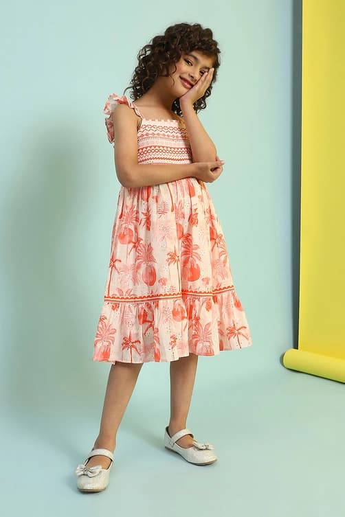 Kids White and Orange Cotton Schiffli Tiered Dress