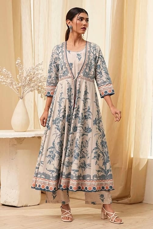 Women's Blue Festive Printed Three Quarter Sleeves Kurta Set