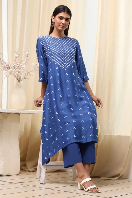 Women's Blue Festive Printed Three Quarter Sleeves Kurta Set