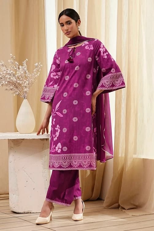 Women's Purple Festive Printed Three Quarter Sleeves Kurta Set