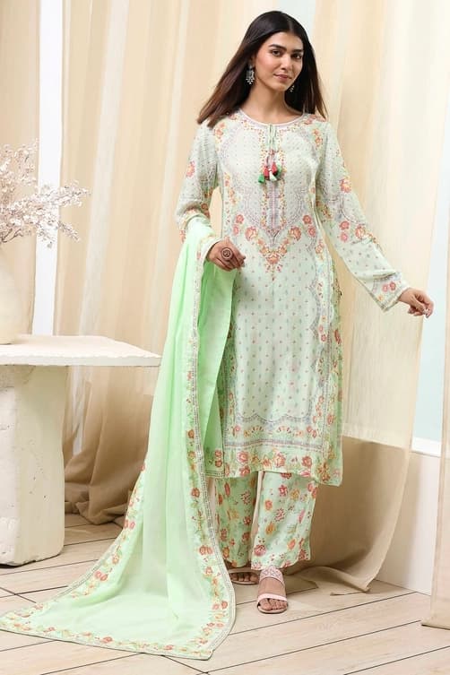 Women's Green Festive Printed Full Sleeves Kurta Set