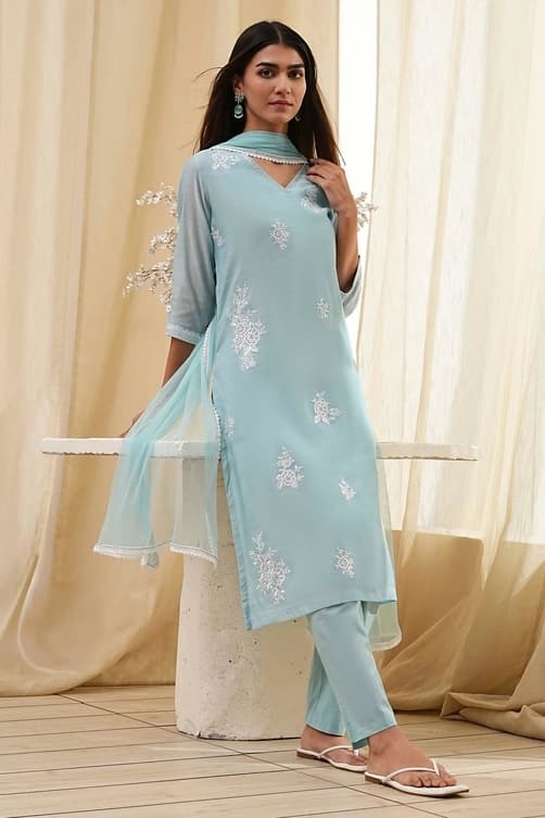 Women's Blue Festive Embroidered Three Quarter Sleeves Kurta Set