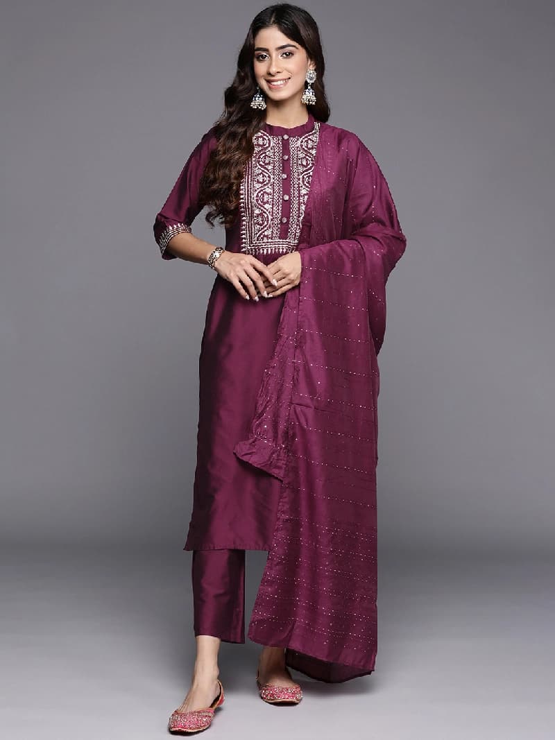 Women's Wine Silk Blend Yoke Design Straight Kurta with Trouser and Dupatta