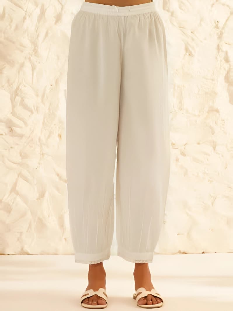Women's White Casual Solid Wide Leg Trouser