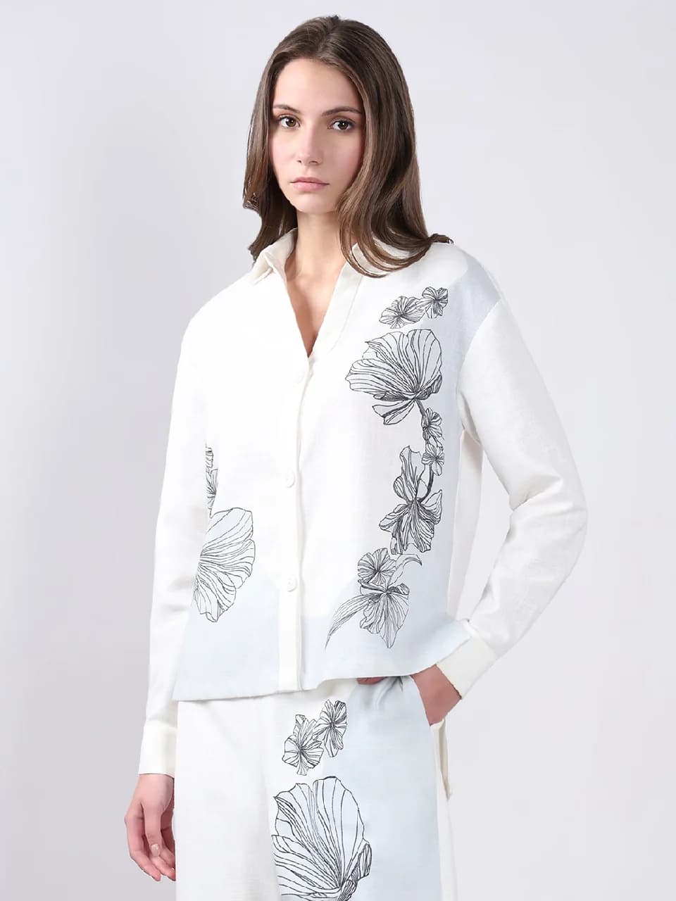 Women's White Casual Self-Design Regular Fit Shirt